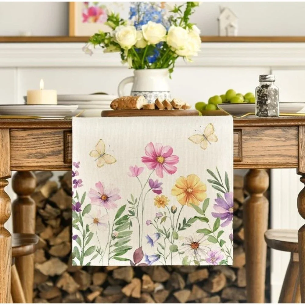 Spring Table Runner 13x72in Woven Polyester Floral Butterflies NEW